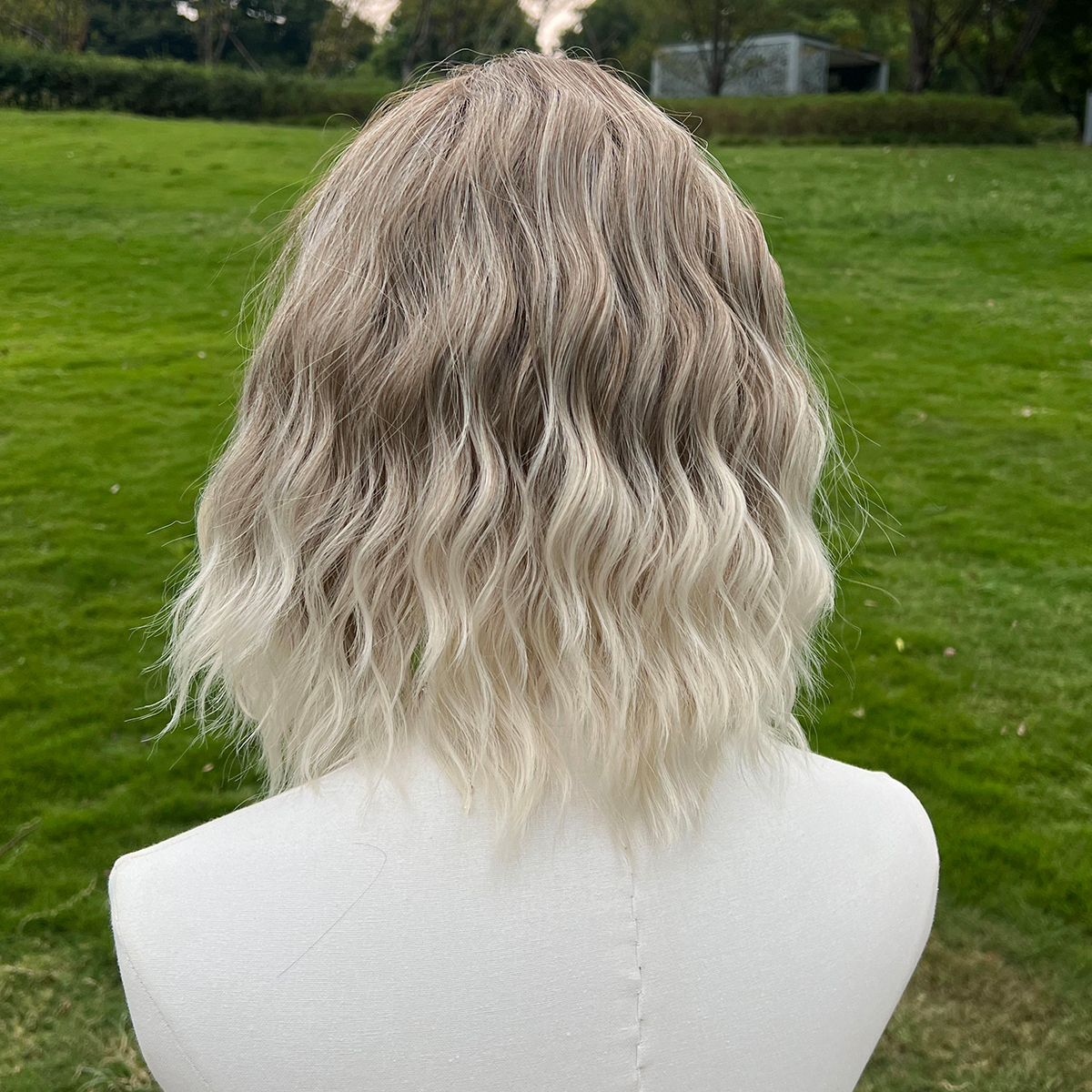SMILCO/14Inch Ombre Brown Ash Blonde T-Part Lace Front Short Water Wave Synthetic Wig/SM9171