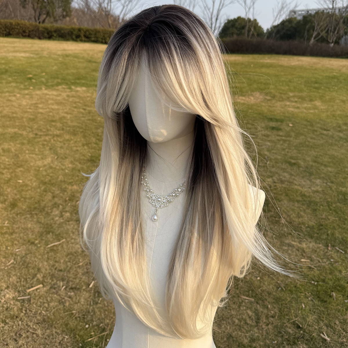 SMILCO/22 Inch Ombre Brown Ash Platinum Long Curly With Bangs Synthetic Wig/SM411