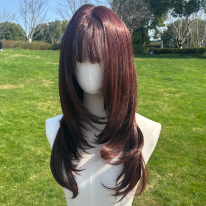 SMILCO/24Inch Luxury Caramel Brown Low Density/Pre-Cut/13*6 Lace Front Free Part Futura Layer Cutted Medium Curly With Bangs/Glueless/Natural Hairline/ Synthetic Lace Front Wig/SM9913