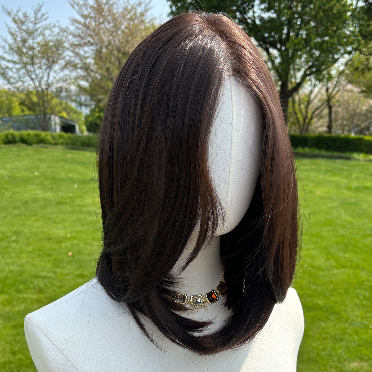 SMILCO/14lnch Deep Brown Low Density/Pre-Cut/13*6Lace Front Free Part Futura Layer Cutted Short Curly With Bangs/Glueless/Natural Hairline/ Synthetic Lace FrontWig/SM9916