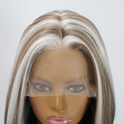 SMILCO/10Inch Highlight&Ombre Brown With Blonde Ash Dark Blue T-Part Lace Front Short Straight Synthetic Wig/SM9137