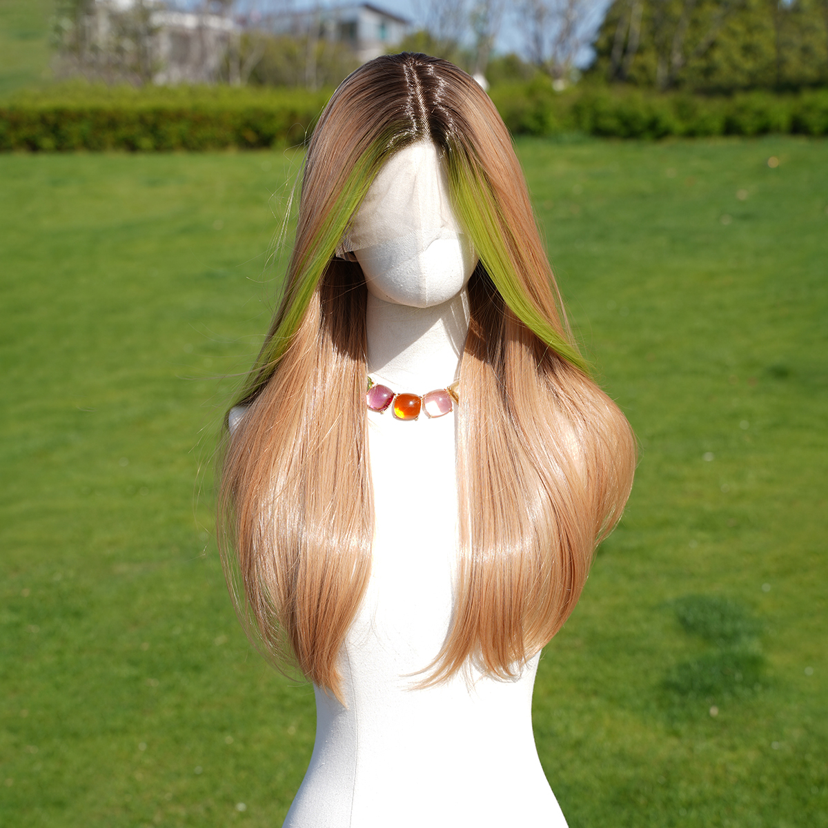 SMILCO/26Inch Highlight&Ombre Blonde With Green Ash Brown T-Part Lace Front Long Straight Synthetic Wig/SM9149