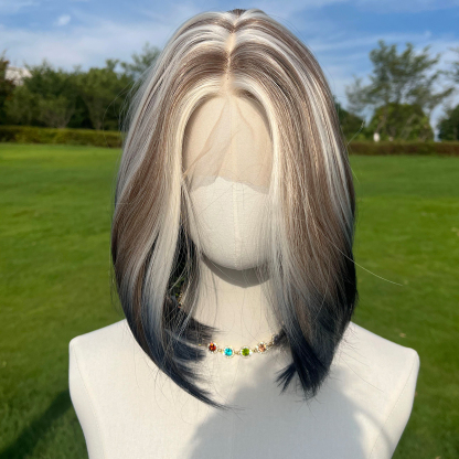 SMILCO/10Inch Highlight&Ombre Brown With Blonde Ash Dark Blue T-Part Lace Front Short Straight Synthetic Wig/SM9137