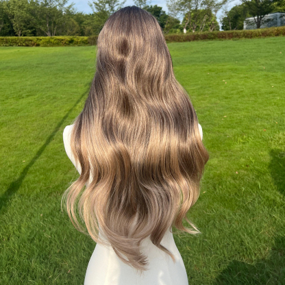 SMILCO/28Inch Ombre Grey Ash Brown Long Wave T-Part Synthetic Wig/SM9022