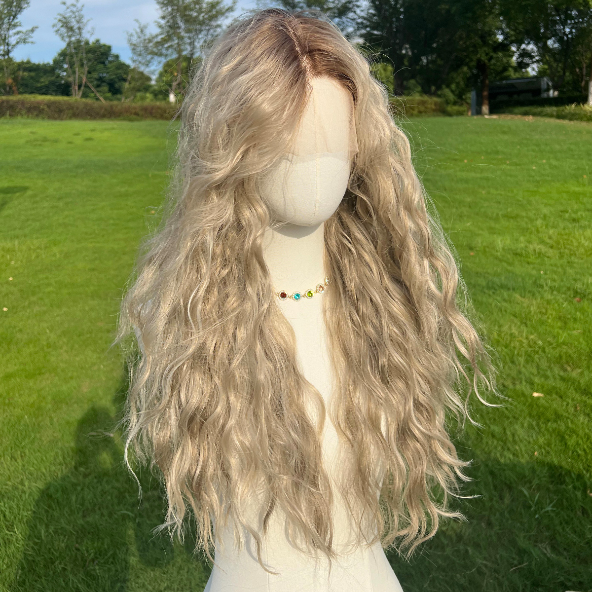 SMILCO/28Inch Ombre Beach Blonde Long Water Wave T-Part Lace Front Synthetic Wig/SM9017