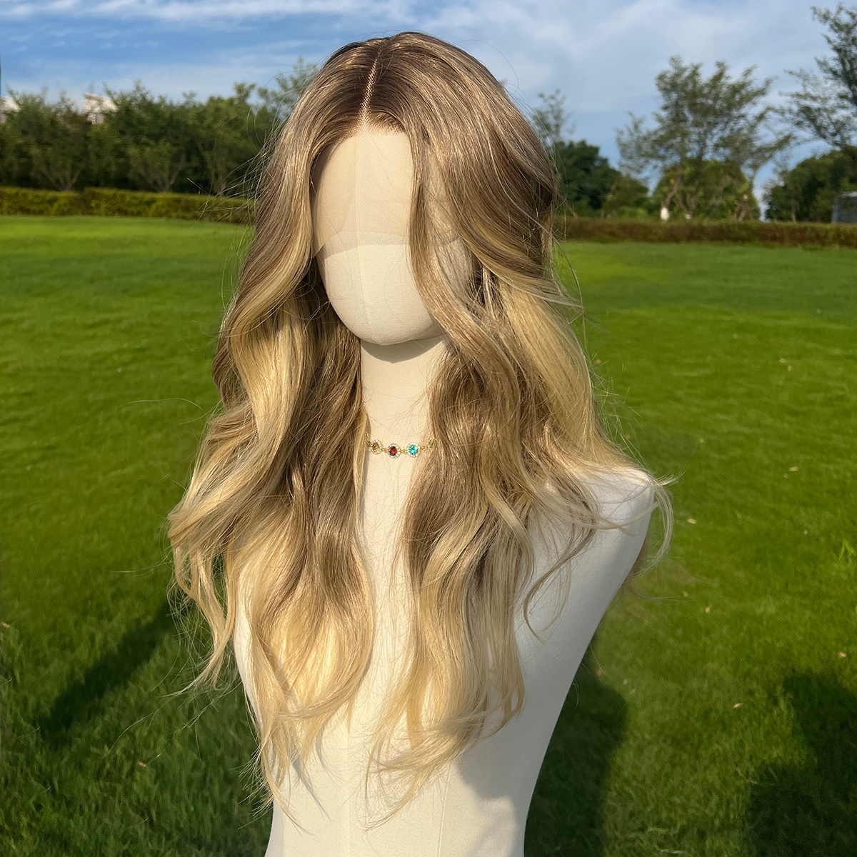SMILCO/24nch Ombre Brown Ash Blonde Long Curly T-Part Lace Front Synthetic Wig/SM9039