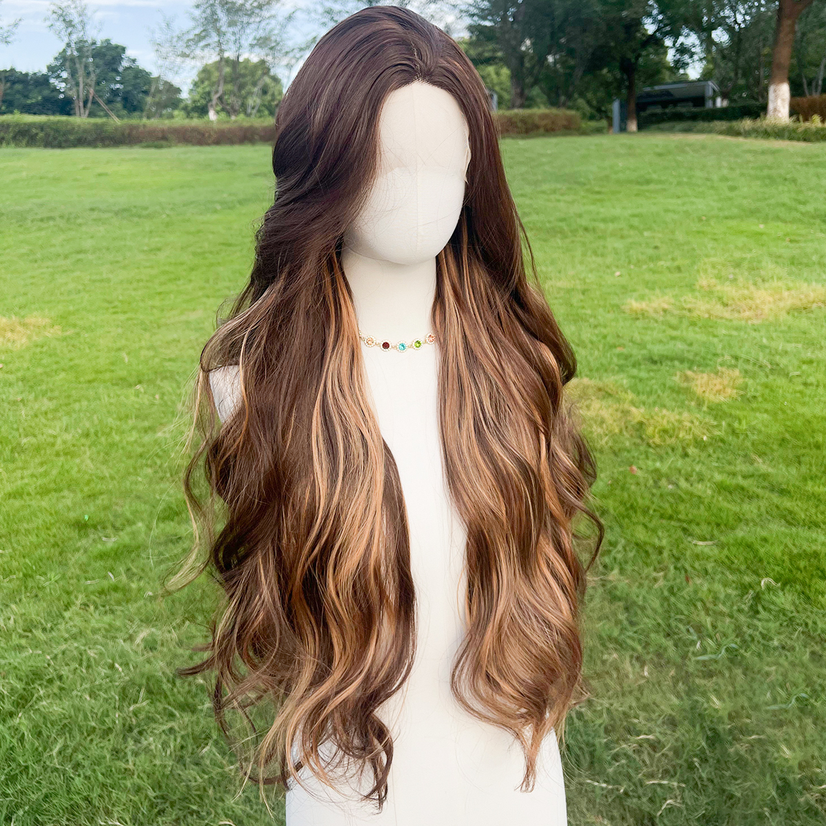 SMILCO/30Inch Highlight Brown With Blonde Long Wave T-Part Lace Front Synthetic Wig/SM9048