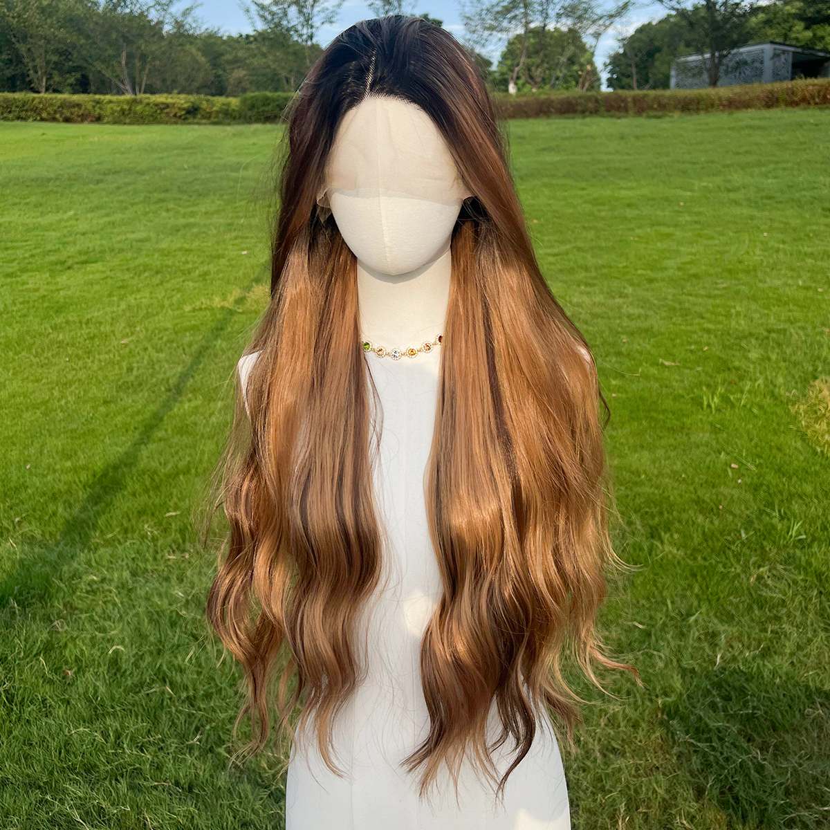 SMILCO/30Inch Ombre With Highlight Brown With Blonde T-Part Lace Front Long Straight Synthetic Wig/SM9232