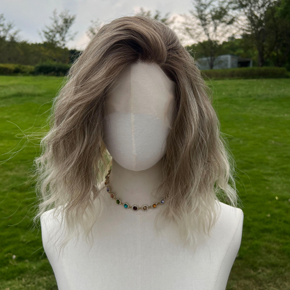 SMILCO/14Inch Ombre Brown Ash Blonde T-Part Lace Front Short Water Wave Synthetic Wig/SM9171