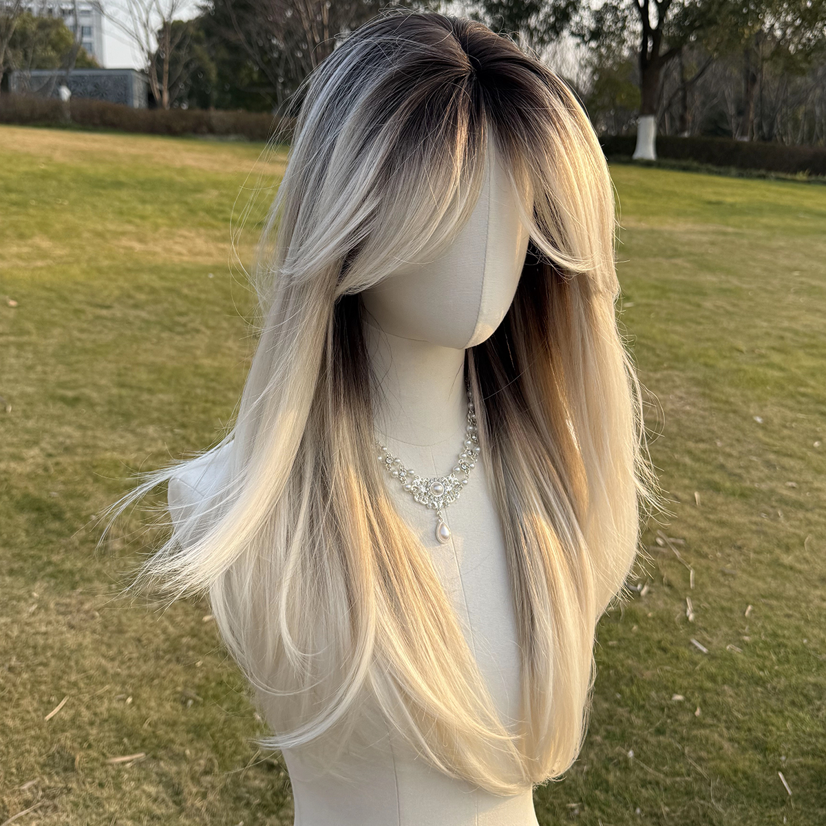 SMILCO/22 Inch Ombre Brown Ash Platinum Long Curly With Bangs Synthetic Wig/SM411