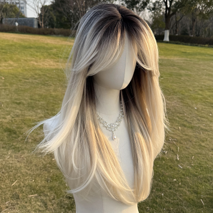 SMILCO/22 Inch Ombre Brown Ash Platinum Long Curly With Bangs Synthetic Wig/SM411