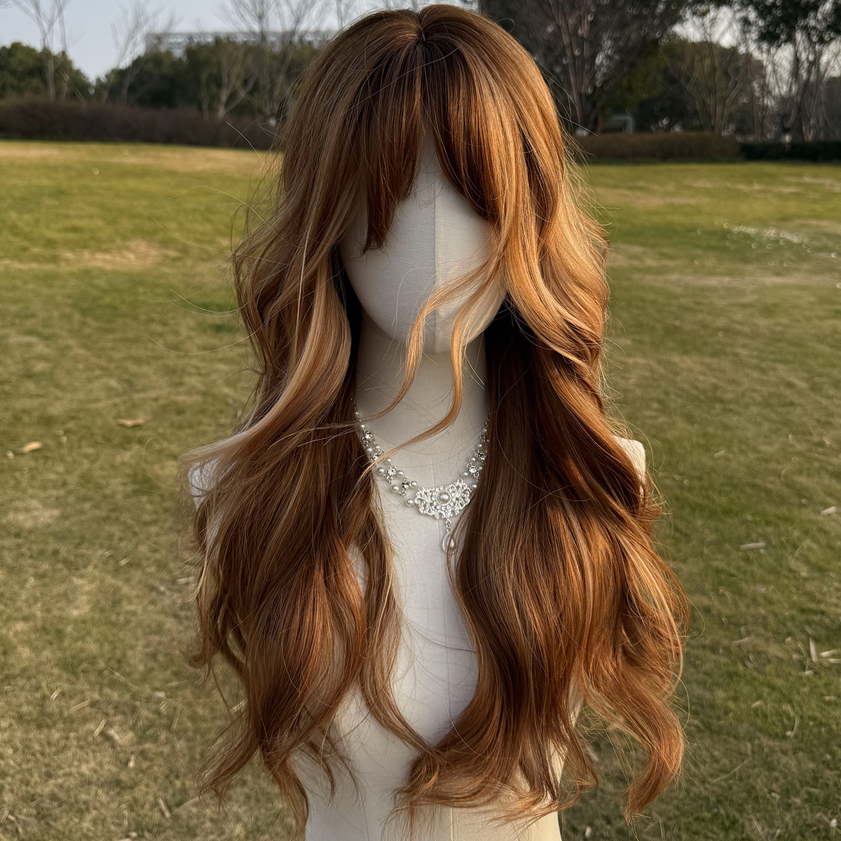 SMILCO/26Inch Highlight Brown With  Blonde Long Curly With Bangs Synthetic Wig/SM412