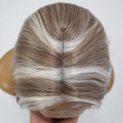 SMILCO/10Inch Highlight&Ombre Brown With Blonde Ash Dark Blue T-Part Lace Front Short Straight Synthetic Wig/SM9137