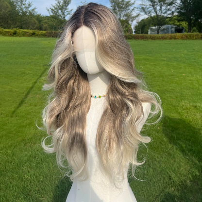 SMILCO/26Inch Ombre&Highlight Blonde With Brown T-Part Lace Front Long Curly Synthetic Wig/SM9229