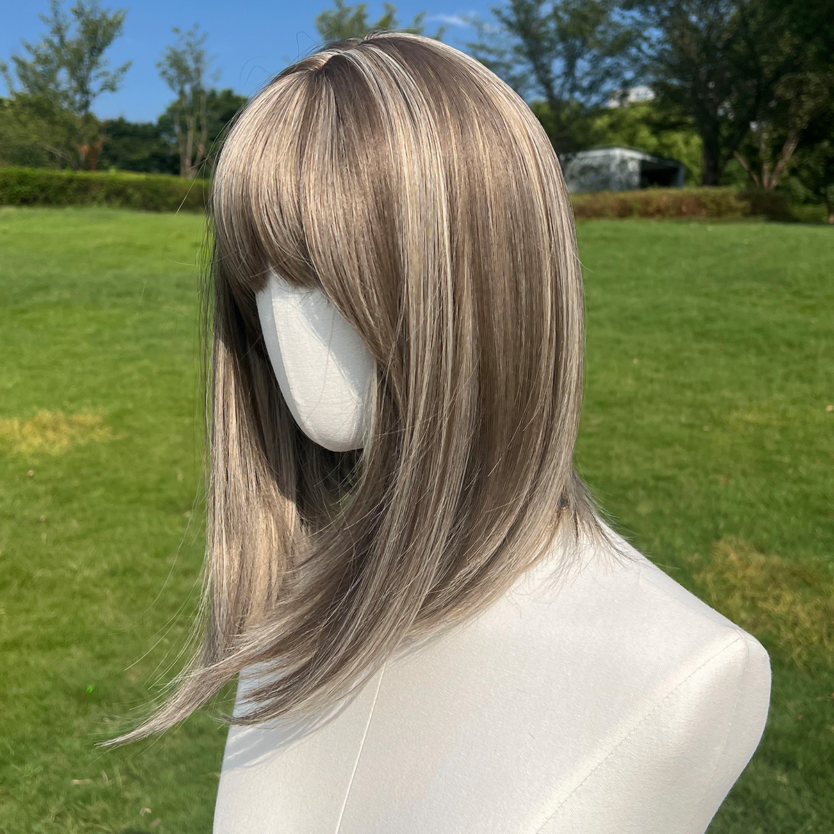 SMILCO/14Inch Highlight Brown With Blonde Short Straight With Bangs Synthetic Wig/SM164