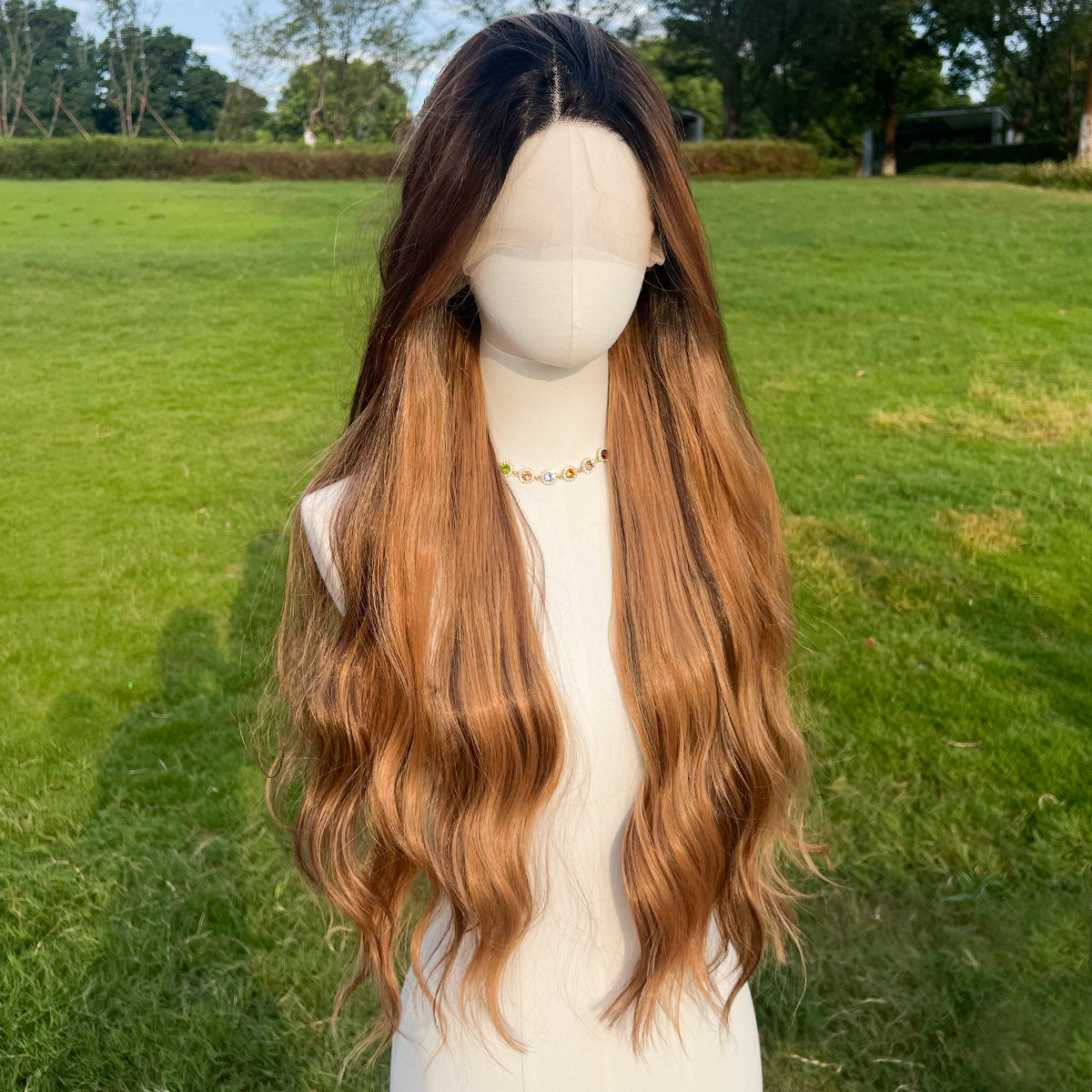 SMILCO/30Inch Ombre With Highlight Brown With Blonde T-Part Lace Front Long Straight Synthetic Wig/SM9232