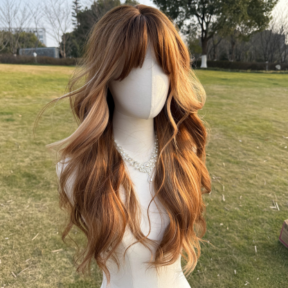 SMILCO/26Inch Highlight Brown With  Blonde Long Curly With Bangs Synthetic Wig/SM412