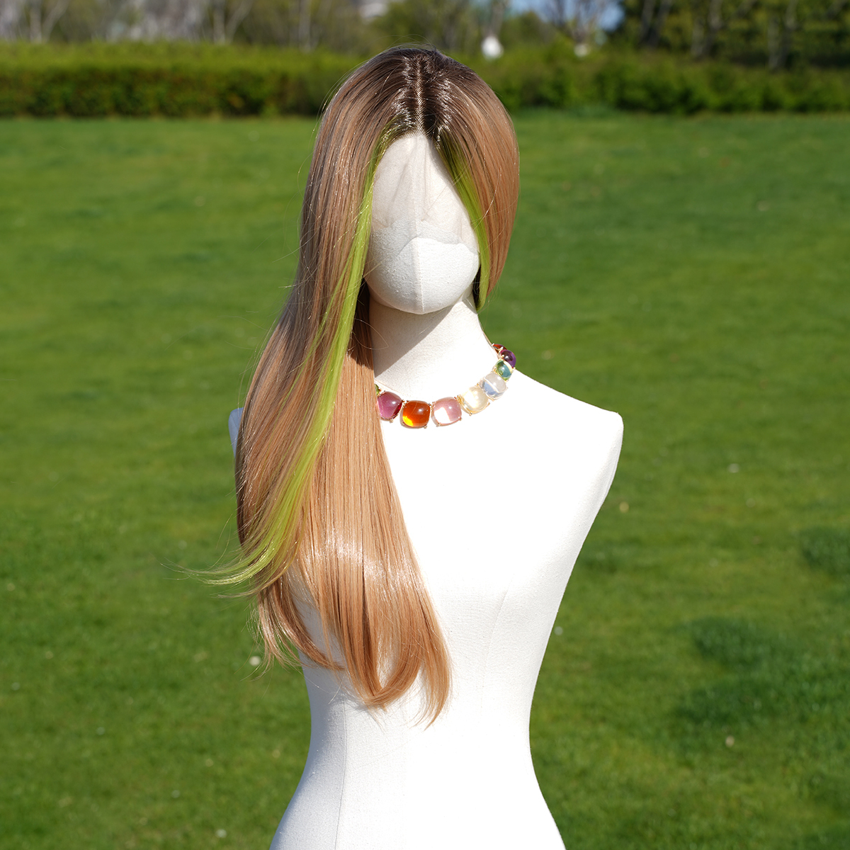 SMILCO/26Inch Highlight&Ombre Blonde With Green Ash Brown T-Part Lace Front Long Straight Synthetic Wig/SM9149