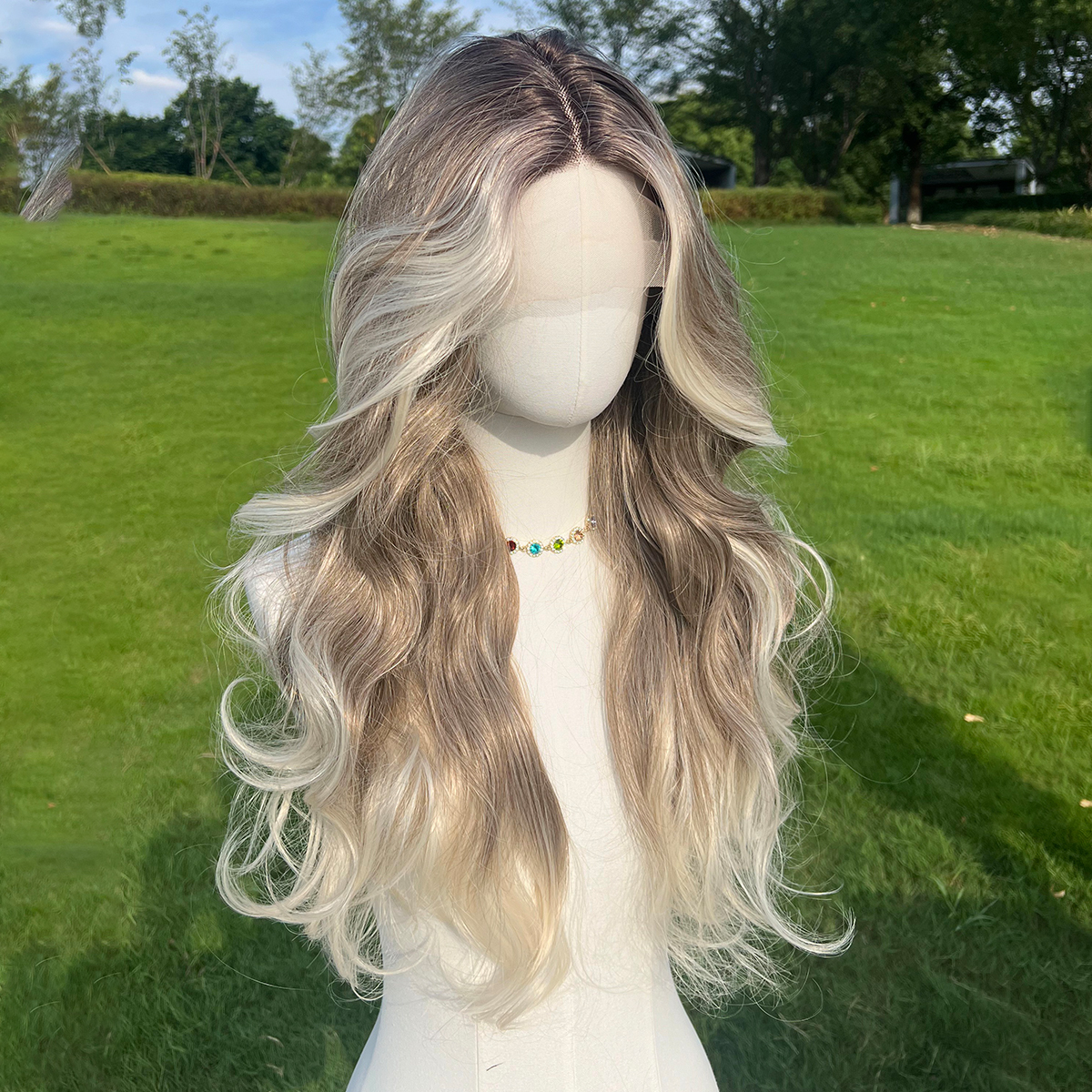 SMILCO/26Inch Ombre&Highlight Blonde With Brown T-Part Lace Front Long Curly Synthetic Wig/SM9229
