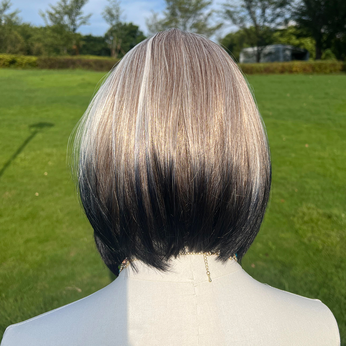 SMILCO/10Inch Highlight&Ombre Brown With Blonde Ash Dark Blue T-Part Lace Front Short Straight Synthetic Wig/SM9137