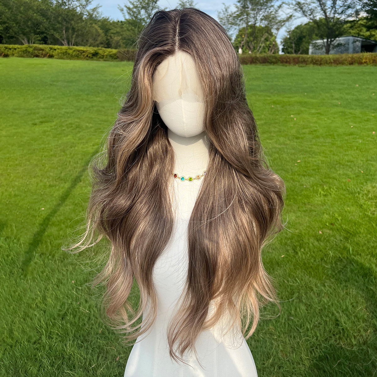 SMILCO/28Inch Ombre Grey Ash Brown Long Wave T-Part Synthetic Wig/SM9022