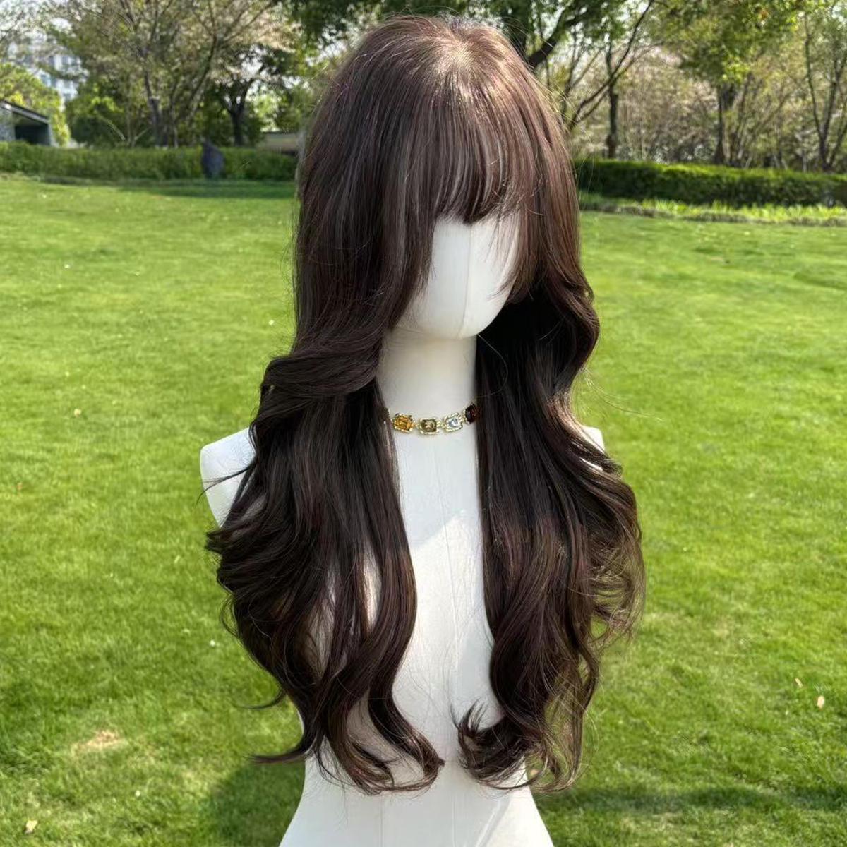 SMILCO/28Inch Deep Brown 13*6 Free Part Lace Front Long Curly Low Density Futura Fiber Pre Cut With Bangs Synthetic Wig/SM9003