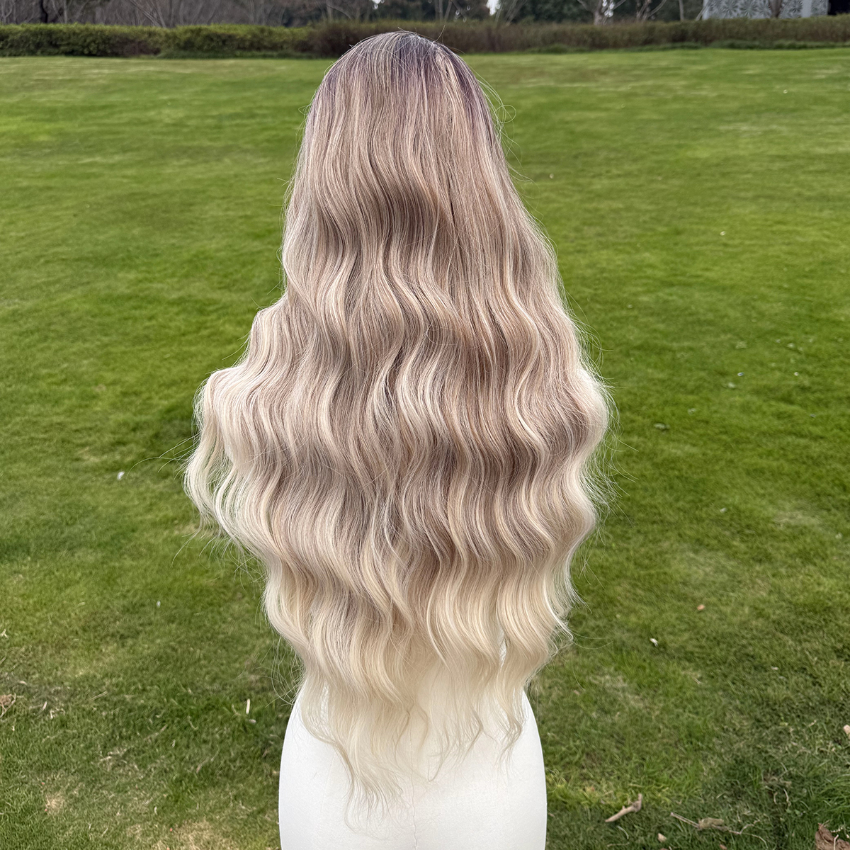 SMILCO/28Inch Highlight Brown With Platinum 13*4 Lace Front Long Water Wave Synthetic Wig/SM9861/SM9862/SM9863/SM9868