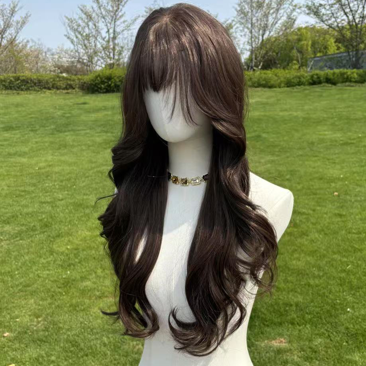 SMILCO/28Inch Deep Brown 13*6 Free Part Lace Front Long Curly Low Density Futura Fiber Pre Cut With Bangs Synthetic Wig/SM9003
