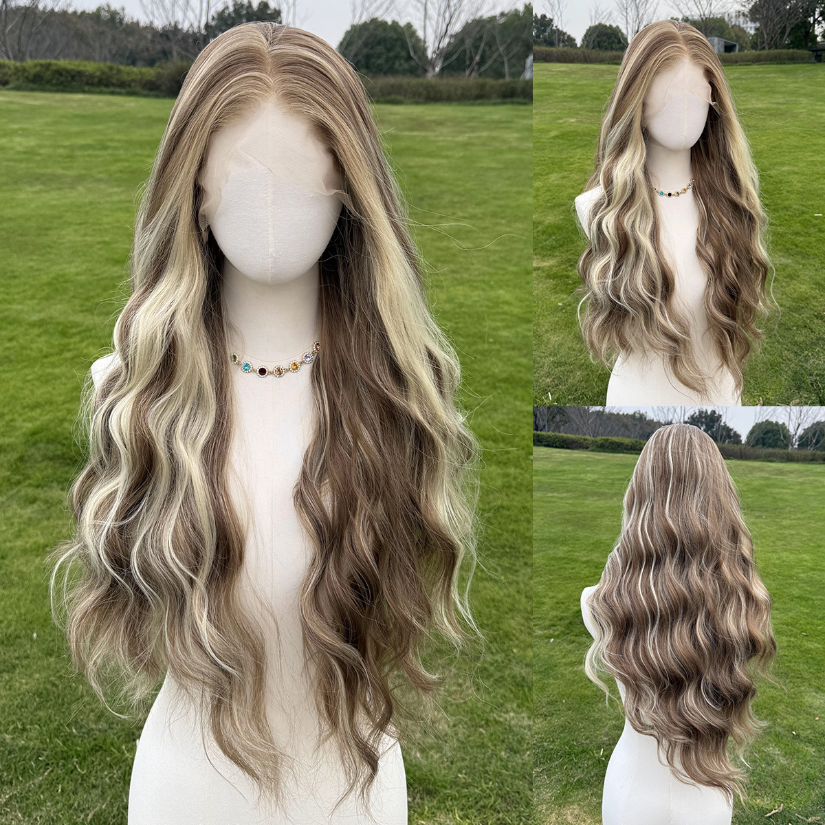 SMILCO/28Inch Highlight Brown With Platinum 13*4 Lace Front Long Water