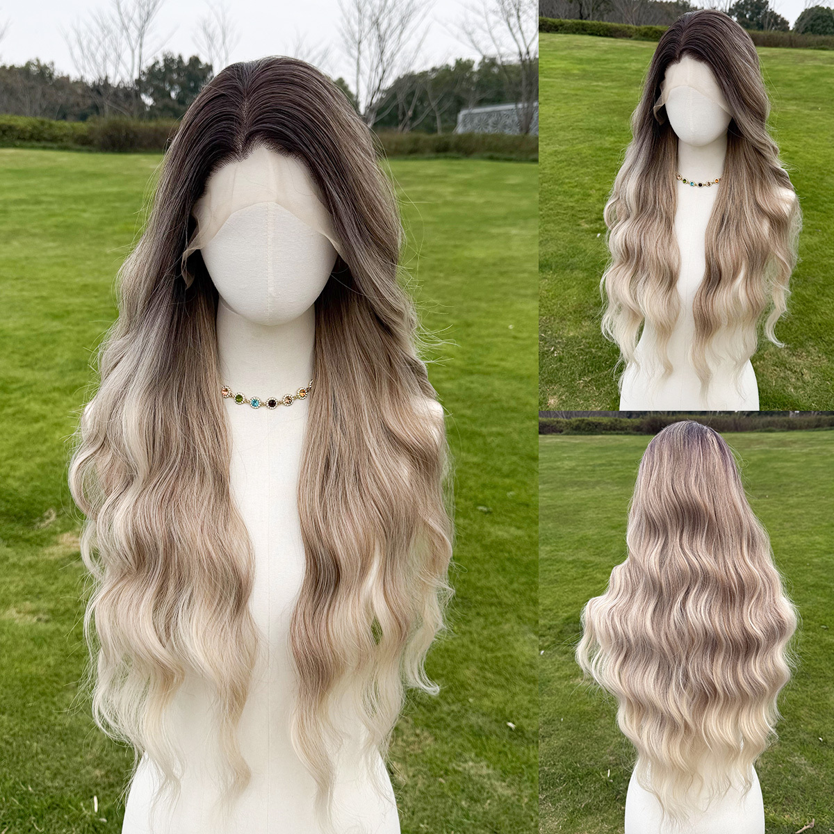 SMILCO/28Inch Highlight Brown With Platinum 13*4 Lace Front Long Water Wave Synthetic Wig/SM9861/SM9862/SM9863/SM9868