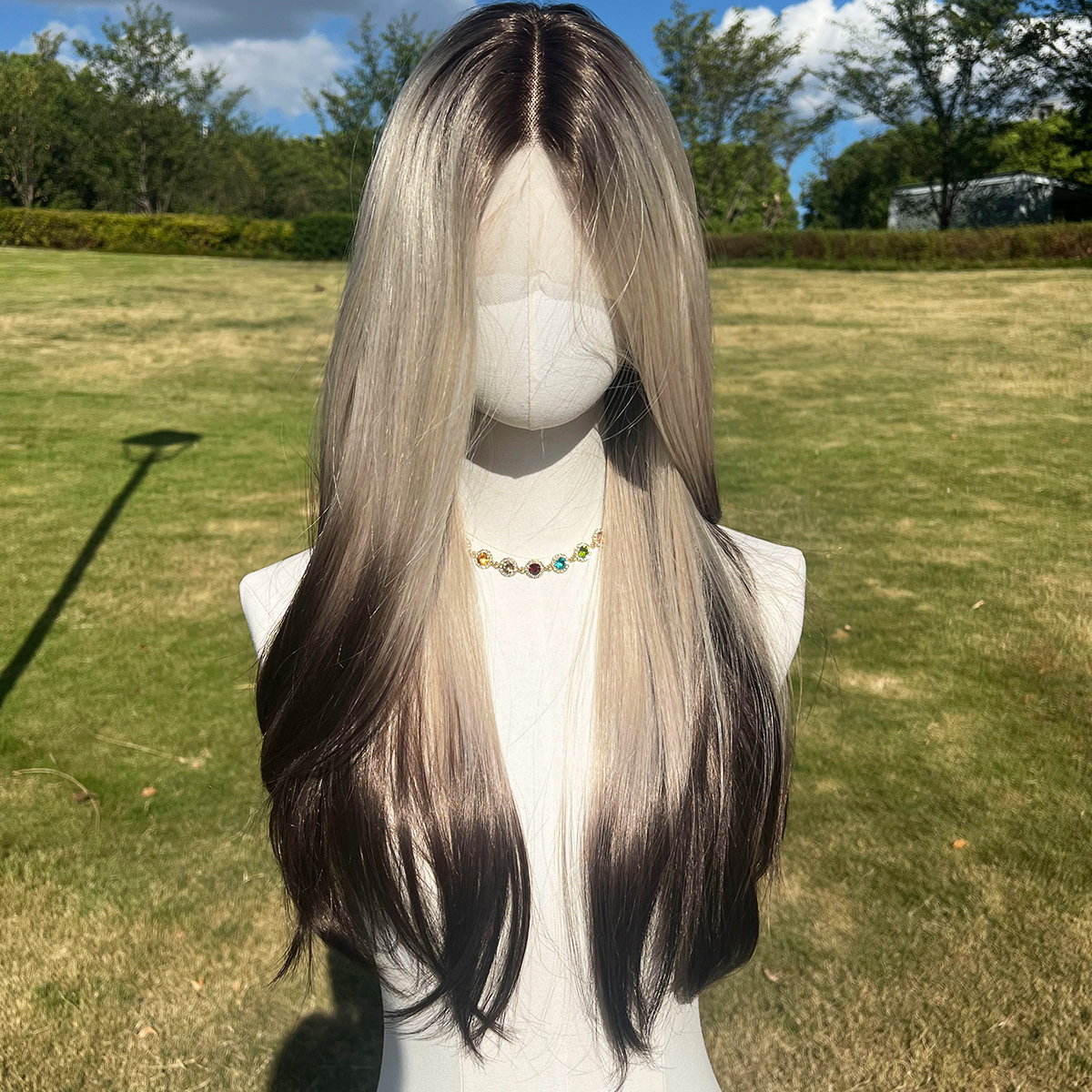 SMILCO/24Inch Ombre Brown Ash Blonde With Black Tail Lace Front Long Straight Wig/SM9217/SM9217B