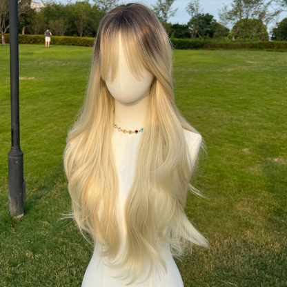 SMILCO/30Inch Ombre Brown Ash Blonde Long Wave With Bangs Synthetic Wig/SM018