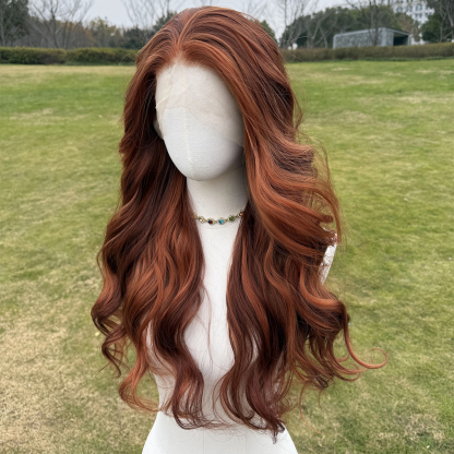 SMILCO/30Inch Highlight Ginger With Orange 13*4 Free Part Lace Front Long Wave Synthetic Wig/SM9030B