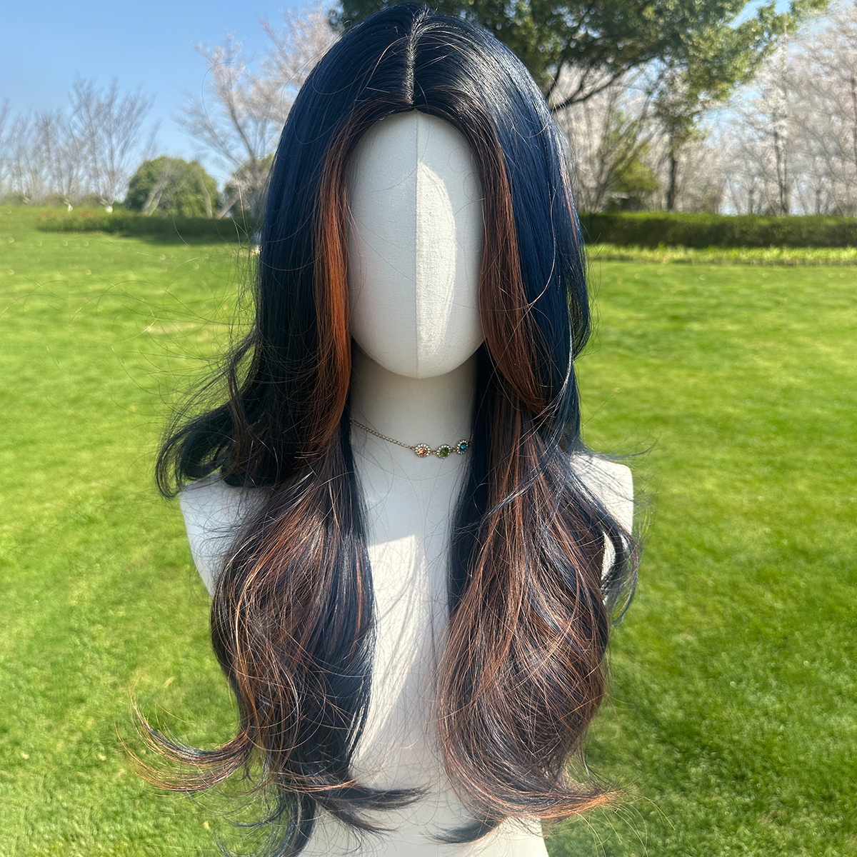 SMILCO/26Inch Highlight Dark Blue With Orange Long Curly Synthetic Wig/SM423