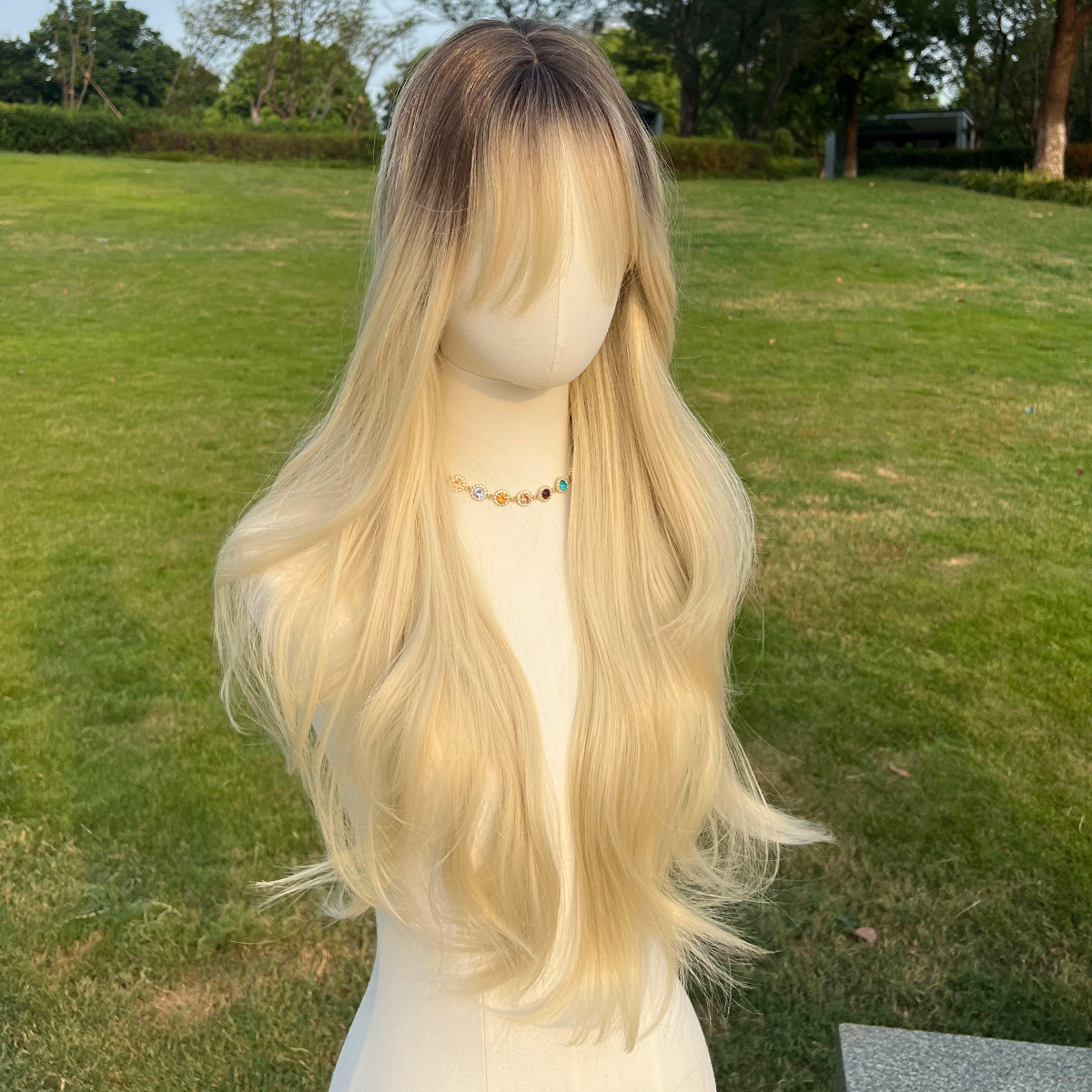 SMILCO/30Inch Ombre Brown Ash Blonde Long Wave With Bangs Synthetic Wig/SM018