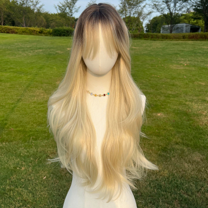 SMILCO/30Inch Ombre Brown Ash Blonde Long Wave With Bangs Synthetic Wig/SM018
