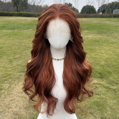 SMILCO/30Inch Highlight Ginger With Orange 13*4 Free Part Lace Front Long Wave Synthetic Wig/SM9030B