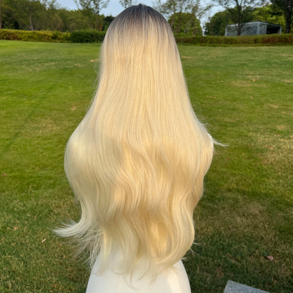 SMILCO/30Inch Ombre Brown Ash Blonde Long Wave With Bangs Synthetic Wig/SM018