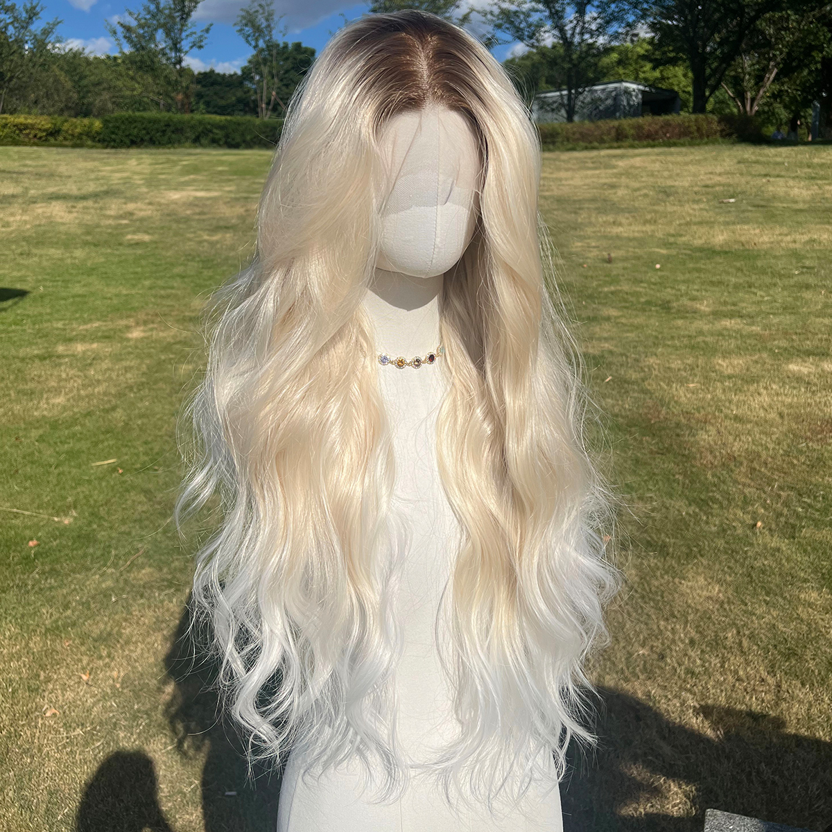 SMILCO/32Inch Ombre Brown Ash Platinum 13*4 Lace Front Long Wave Synthetic Wig/SM9720