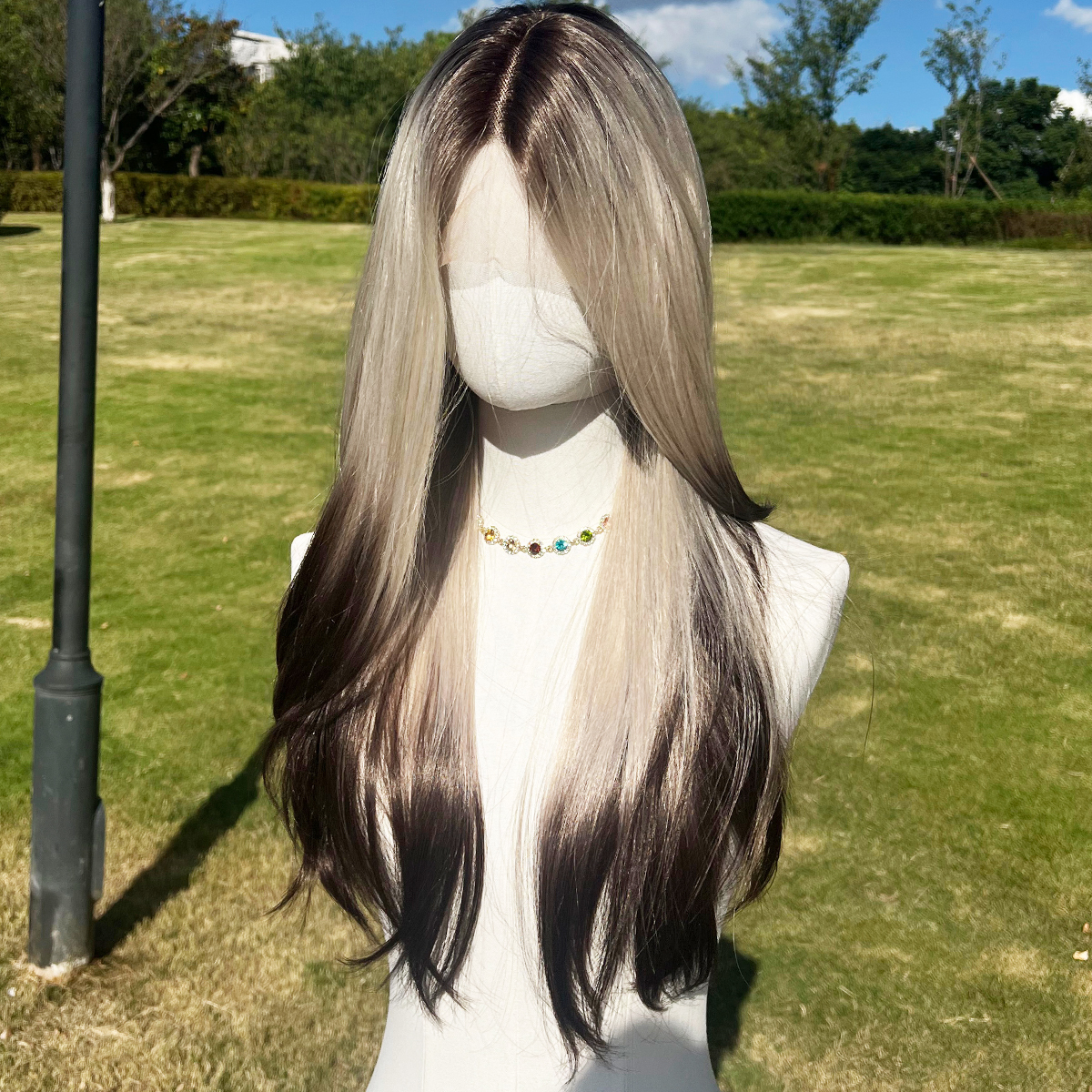 SMILCO/24Inch Ombre Brown Ash Blonde With Black Tail Lace Front Long Straight Wig/SM9217/SM9217B