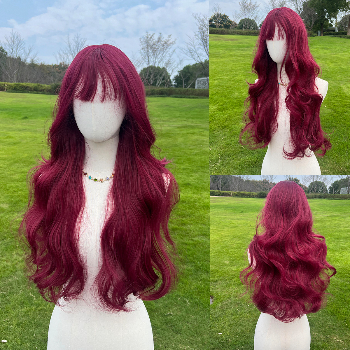 SMILCO/26Inch Burgundy Long Curly With Bangs Synthetic Wig/SM023