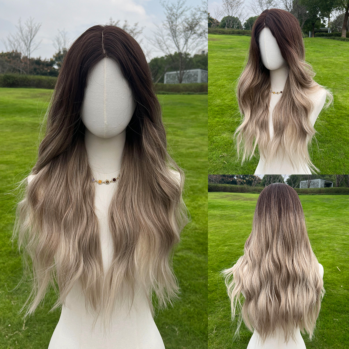 SMILCO/26Inch Ombre Brown Ash BlondeHybird 1.5*6 Lace Front Long Wave 
