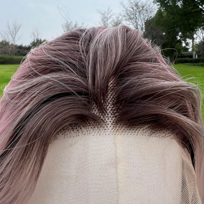 SMILCO/32Inch Ombre Brown Ash Pink  Long Curly T-Part Lace Front Synthetic Wig/SM9108