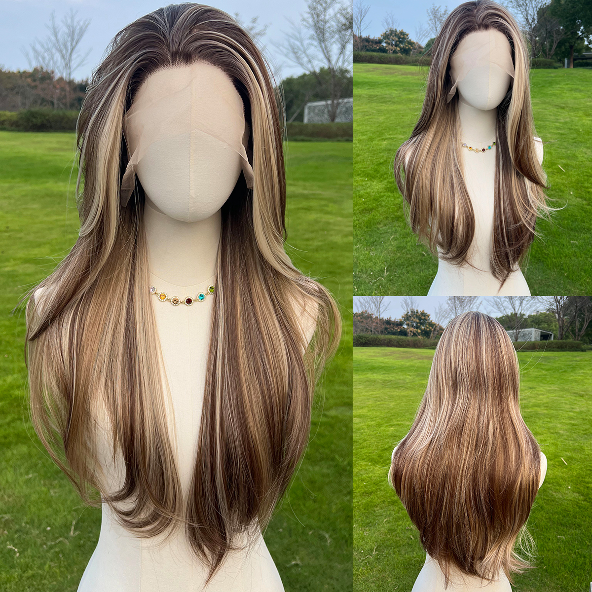 SMILCO/26Inch Highlight Brown With Blonde 13*6 Free Part Lace Front Long Straight Synthetic Wig/SM9123B