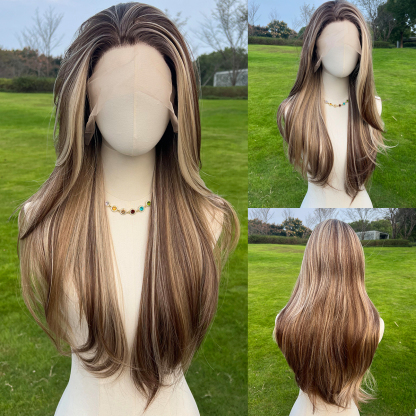 SMILCO/26Inch Highlight Brown With Blonde 13*6 Free Part Lace Front Long Straight Synthetic Wig/SM9123B