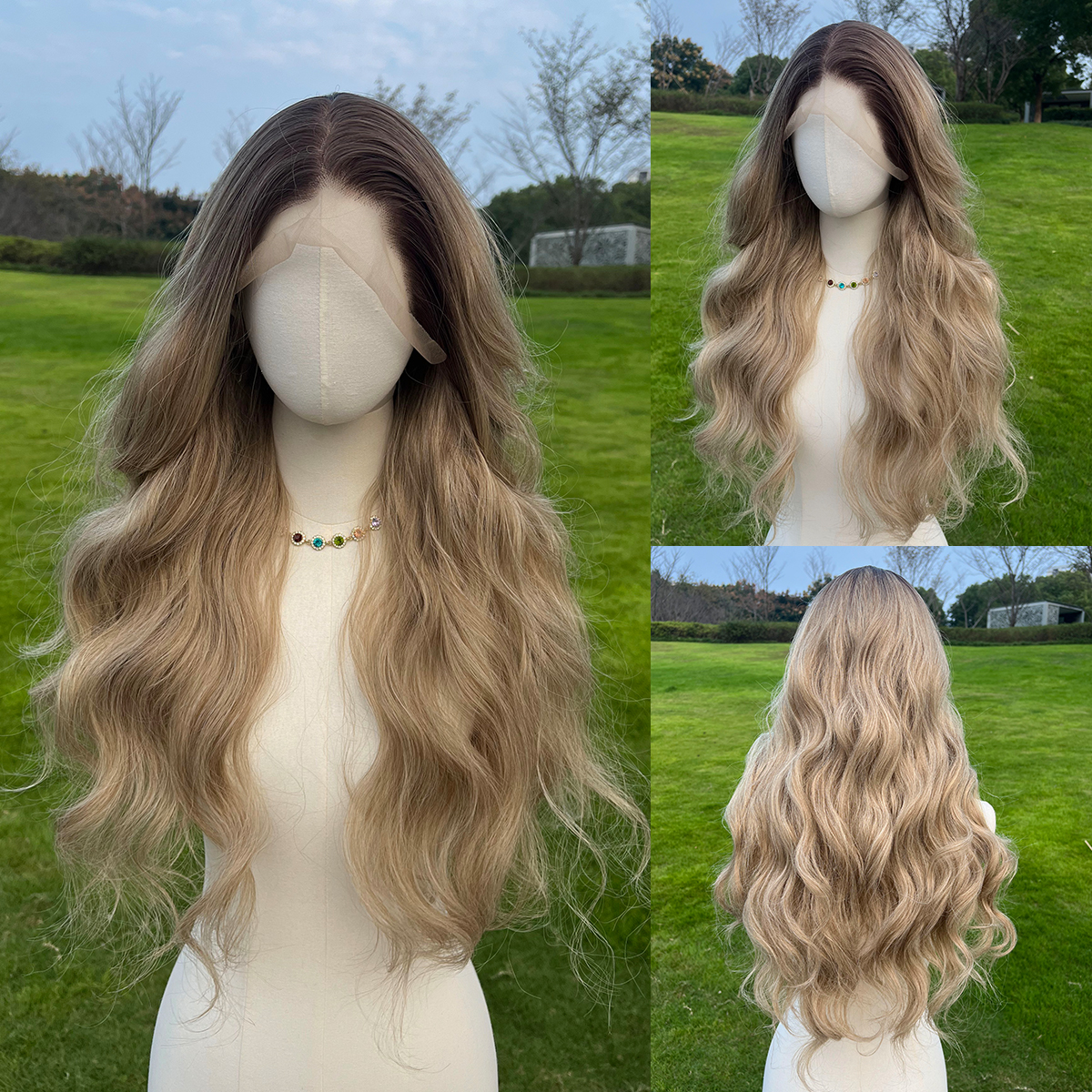 SMILCO/28Inch Ombre Brown Ash Blonde 13*4 Lace Front Long Curly Synthetic Wig/SM9853