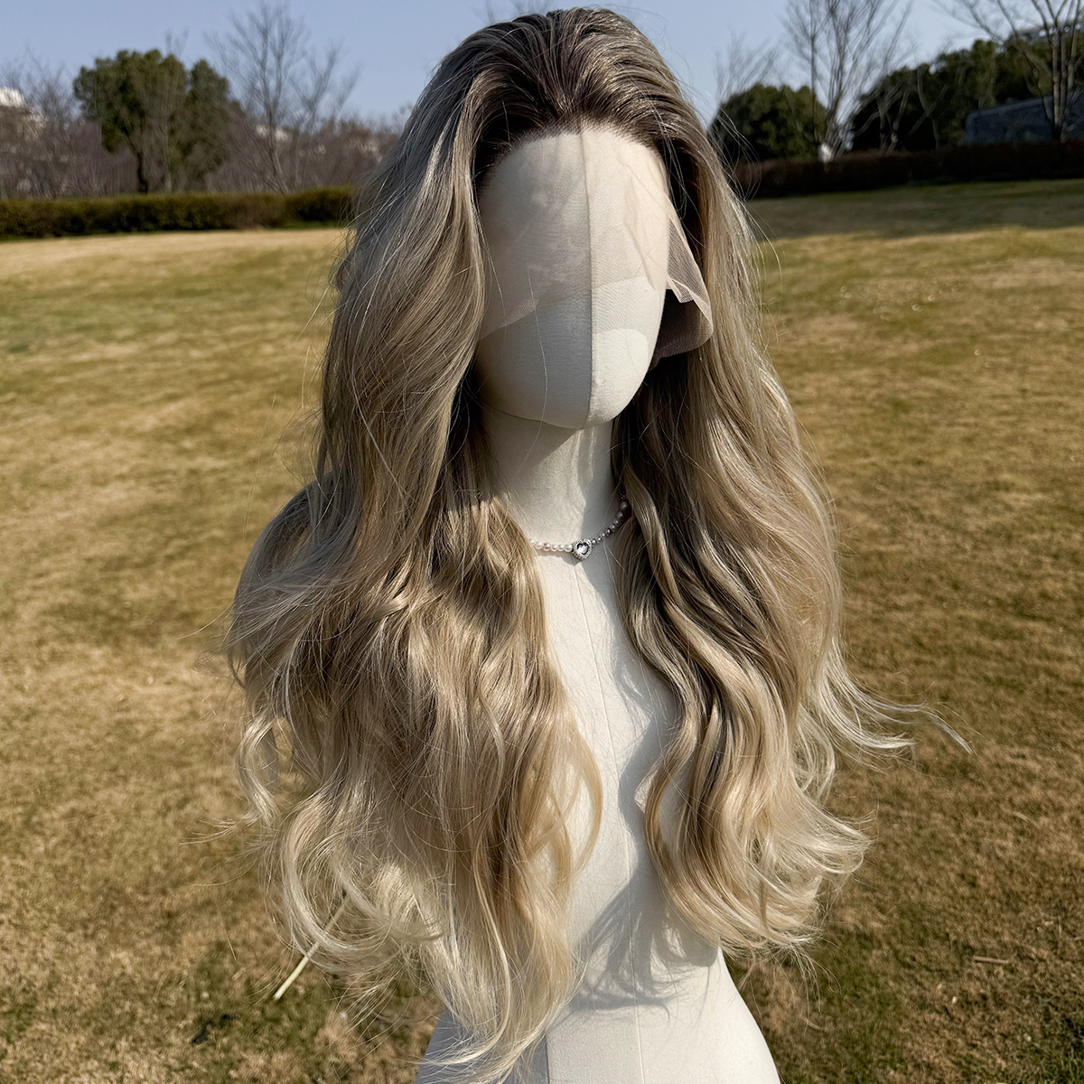 SMILCO/28Inch Ombre Brown Ash Blonde Long Curly T-Part Lace Front Synthetic Wig/SM9038
