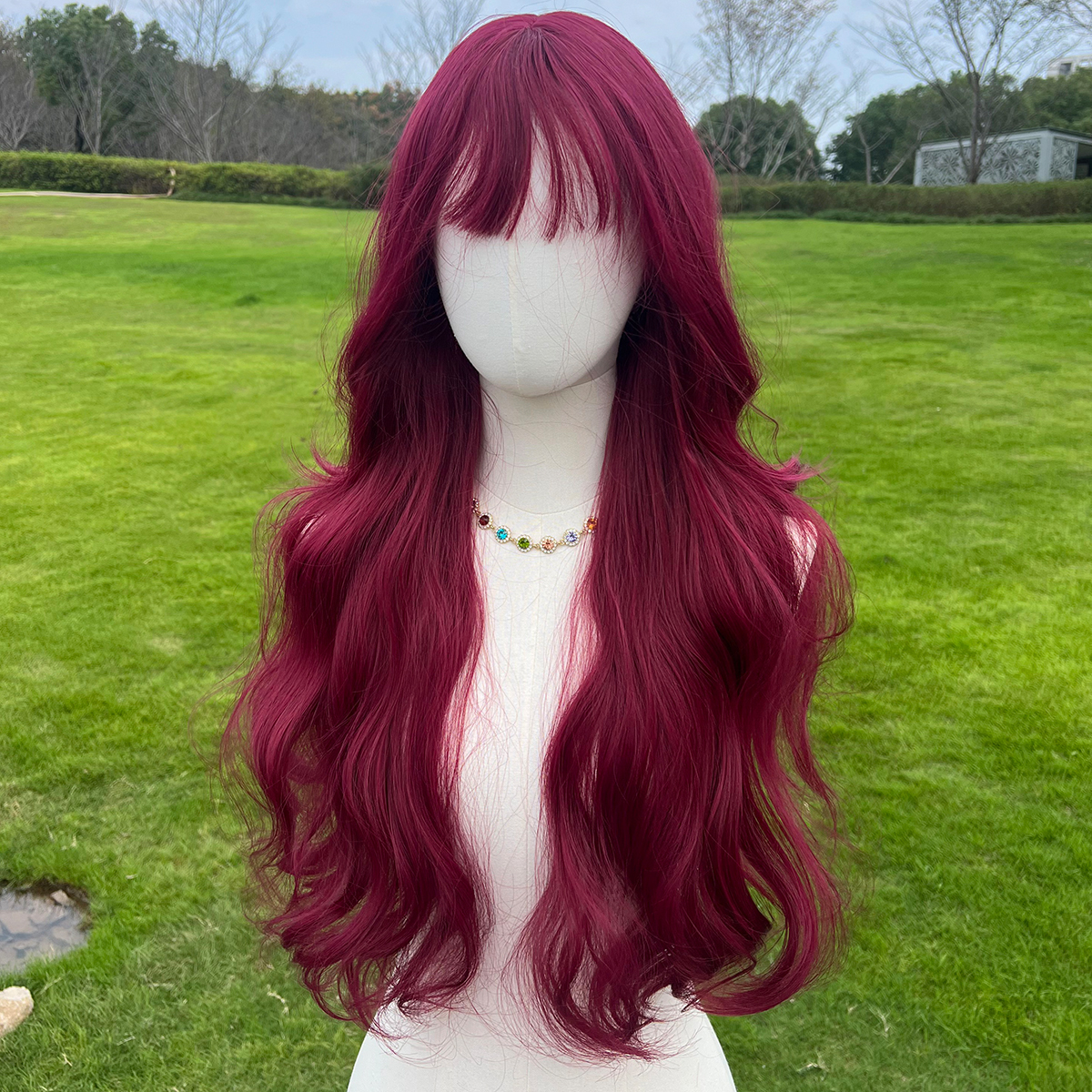 SMILCO/26Inch Burgundy Long Curly With Bangs Synthetic Wig/SM023