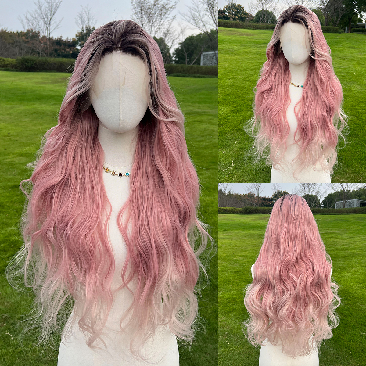 SMILCO/32Inch Ombre Brown Ash Pink Long Curly T-Part Lace Front Synthe