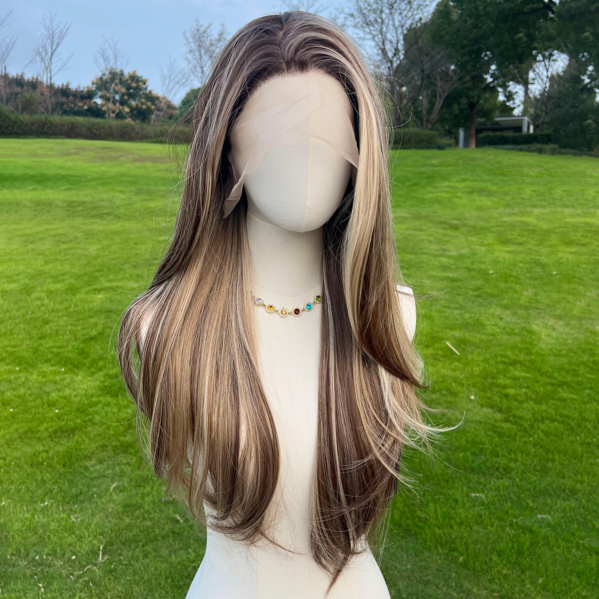 SMILCO/26Inch Highlight Brown With Blonde 13*6 Free Part Lace Front Long Straight Synthetic Wig/SM9123B